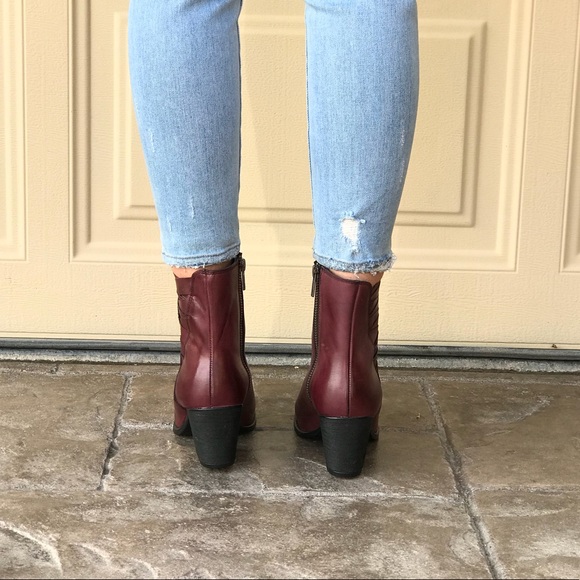 Burgundy Genuine Leather Woven Pointy Ankle Boots - Picture 5 of 8